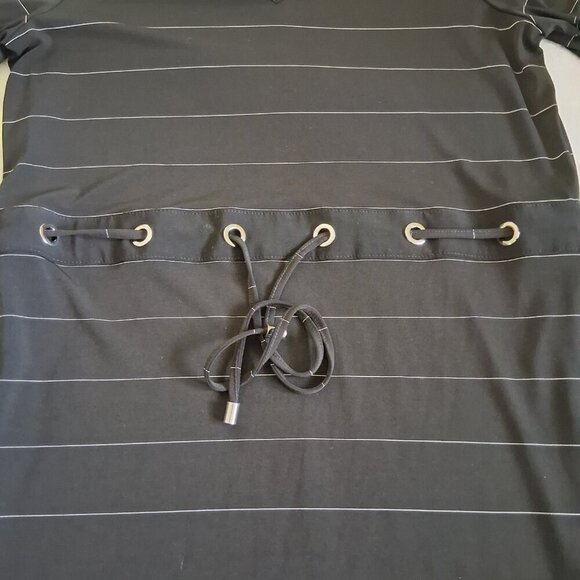 Joseph Ribkoff Women's Size 8 Black/Vanilla Stripe V Neck Tie Waist Midi Dress - Picture 11 of 14